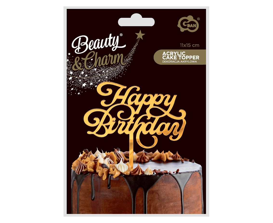 Dekoracja akrylowa B&C na tort Happy Birthday złota 11x15cm PF-DAHB GoDan